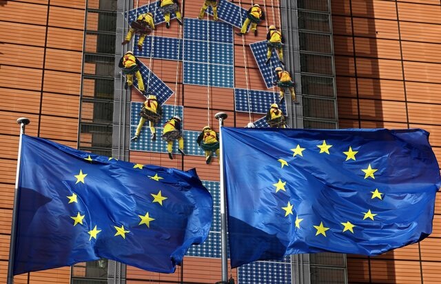 European Union flags flutter outside the EU Commission headquarters, in Brussels, Belgium, February 1, 2023 REUTERS/Yves Herman/File Photo