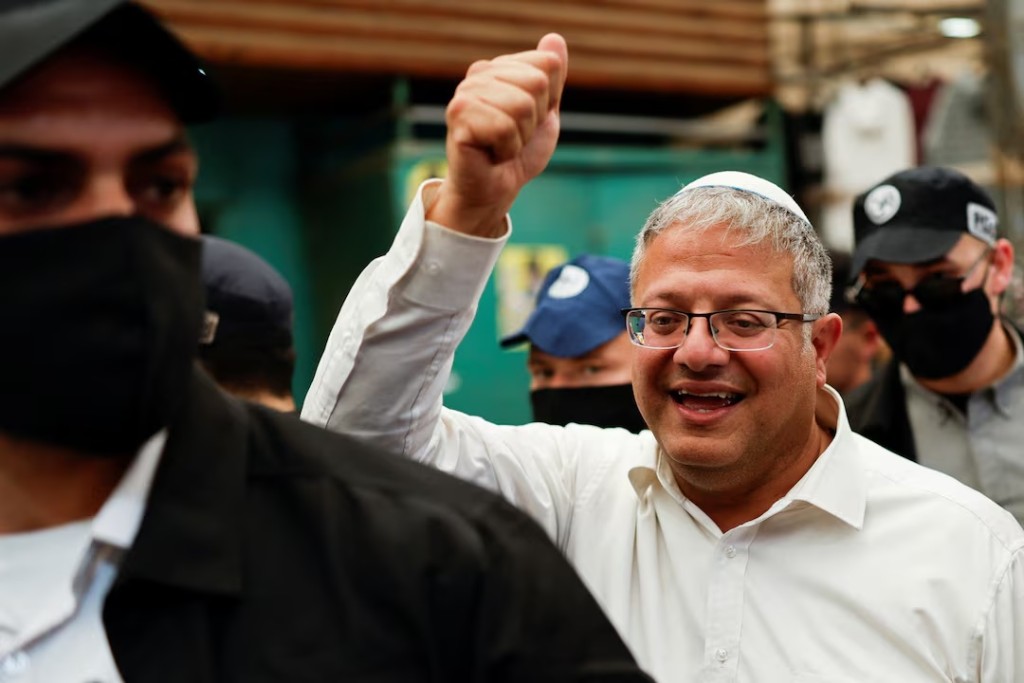 Israeli far-right National Security Minister Itamar Ben-Gvir, leader of the Jewish Power (Otzma Yehudit) party, gestures as he tours a market, ahead of Israel's national election, in Ramla, Israel, October 14, 2026. REUTERS/Amir Cohen