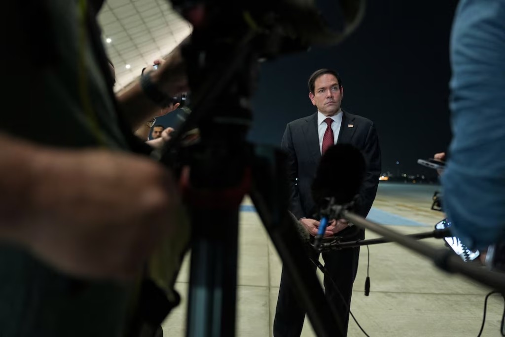 U.S. Secretary of State Marco Rubio speaks to the media upon his arrival at Al Bateen Executive Airport to discuss the interim deal between the U.S. and Iran with Arab Gulf allies, in Abu Dhabi, United Arab Emirates, June 23, 2026. REUTERS/Eric Lee/Pool 