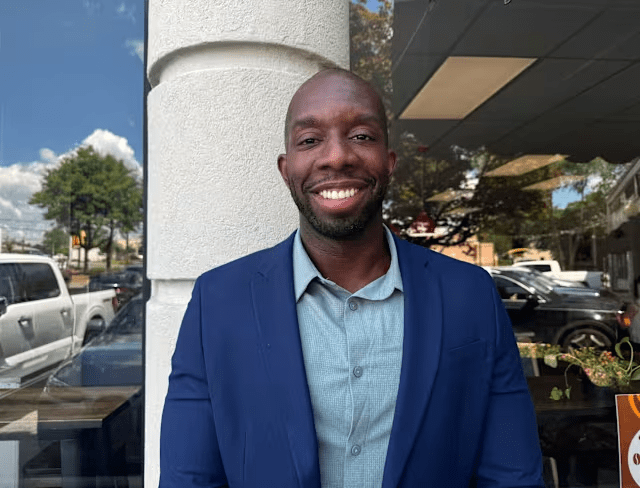Georgia Congressional candidate Everton Blair, a Democrat, poses for a photo in Lilburn, Ga., on July 2, 2025. (AP Photo/Charlotte Kramon)