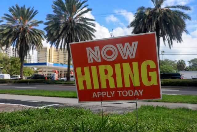 A 'Now Hiring' sign is posted outside of a business on October 03, 2025 in Miami, Florida. Due to the U.S. Government shutdown the Bureau of Labor Statistics will not be releasing September's employment data. Joe Raedle/Getty Images/AFP (Photo by JOE RAEDLE / GETTY IMAGES NORTH AMERICA / Getty Images via AFP)