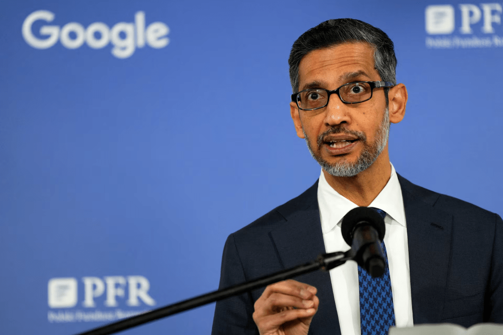 Alphabet and Google CEO Sundar Pichai speaks to media following his meeting with Polish Prime Minister Donald Tusk (not pictured) at Google Campus in Warsaw, Poland, February 13, 2025. REUTERS/Aleksandra Szmigiel
