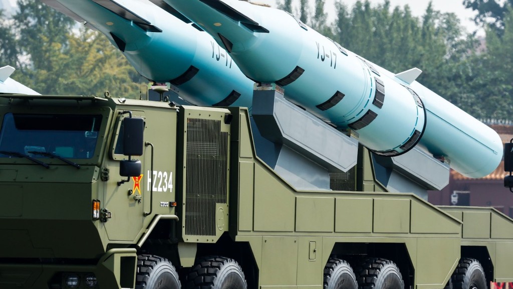 The anti-ship missile formation attends a military parade in Beijing on September 3.  XINHUA