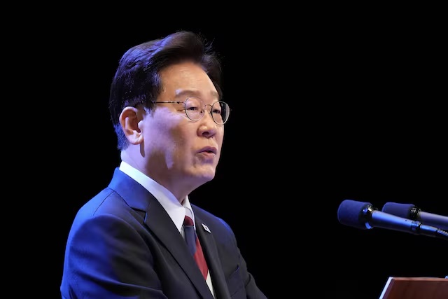 South Korean President Lee Jae Myung speaks during a ceremony to celebrate the 81st anniversary of the Korean Liberation Day in Seoul, South Korea, Saturday, Aug. 15, 2026. Lee Jin-man/Pool via REUTERS