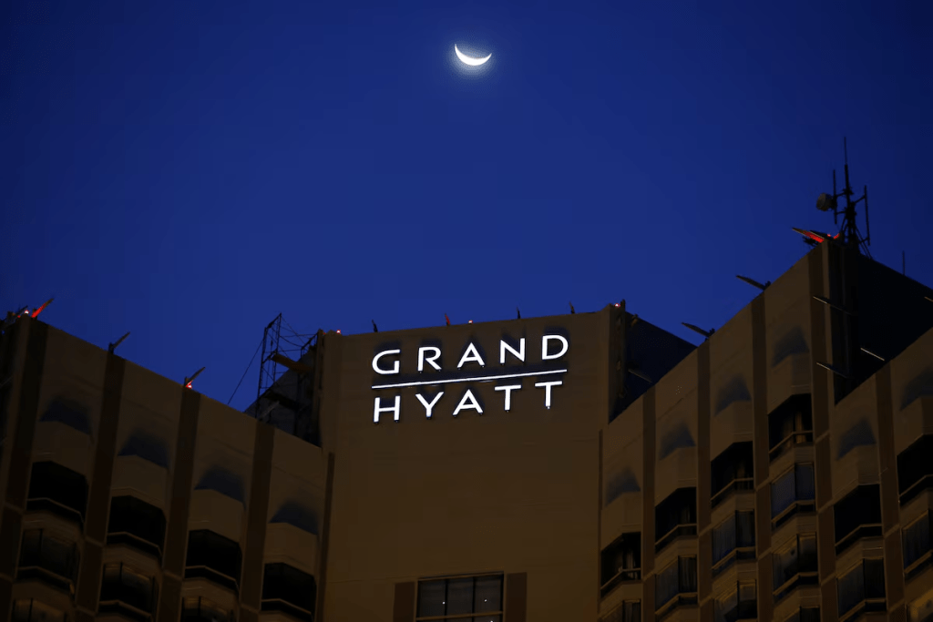The exterior of the Grand Hyatt hotel is pictured during dusk in Jakarta, Indonesia, June 25, 2020. REUTERS/Willy Kurniawan