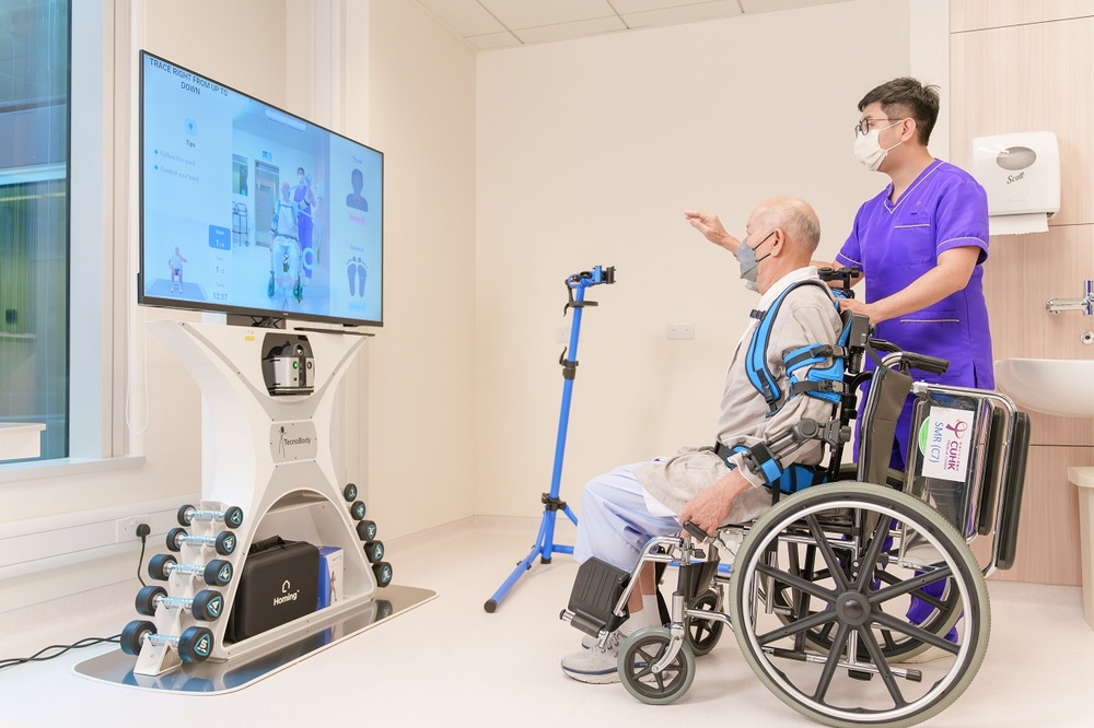 Under the guidance of physiotherapist, the patient can undergo interactive virtual rehabilitation exercises with the assistance of Exoskeleton Upper Limb Assistive Device.