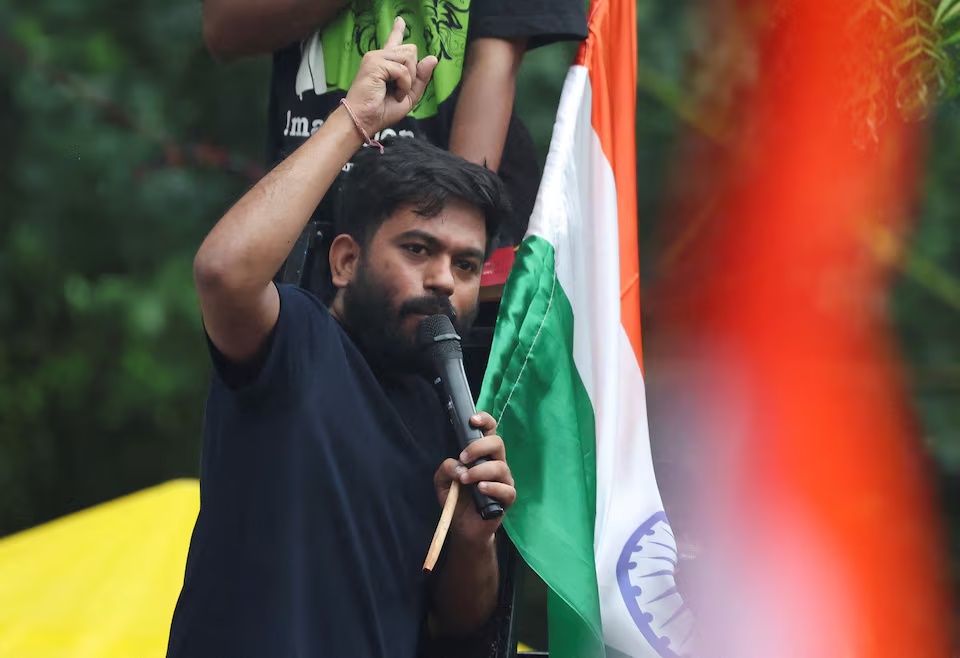 Abhijeet Dipke, head of the Cockroach Janta Party (CJP) addresses supporters at a protest site ahead of a planned march to Parliament on the opening day of the monsoon session, demanding the resignation of Education Minister Dharmendra Pradhan over exam paper leaks, at Jantar Mantar in New Delhi, India, July 20, 2026. REUTERS/Bhawika Chhabra/File Photo 