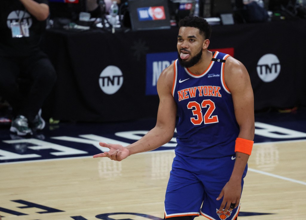 New York Knicks center Karl-Anthony Towns (32) reacts during the fourth quarter against the Indiana Pacers during game three of the eastern conference finals. (Reuters)