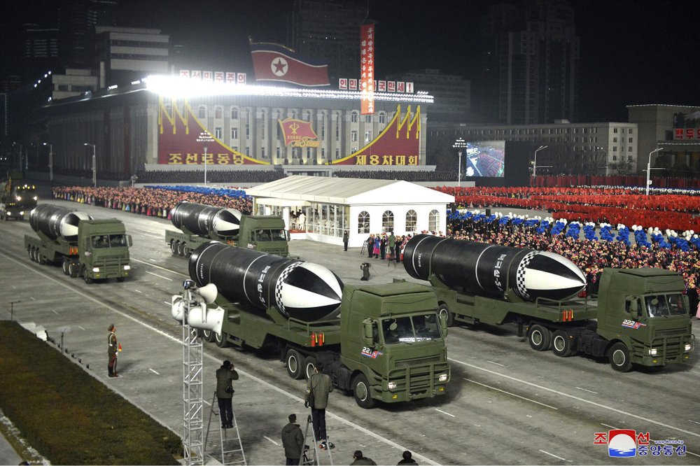 This photo provided by the North Korean government shows missiles during a military parade marking the ruling party congress, at Kim Il Sung Square in Pyongyang, North Korea Thursday, January 14, 2021. Independent journalists were not given access to cover the event.