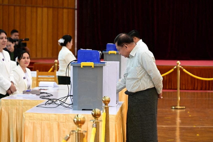 Myanmar's junta chief Min Aung Hlaing votes at Zayarthiri polling station, on the day of the general elections in Naypyitaw, Myanmar, December 28, 2025. (Reuters)