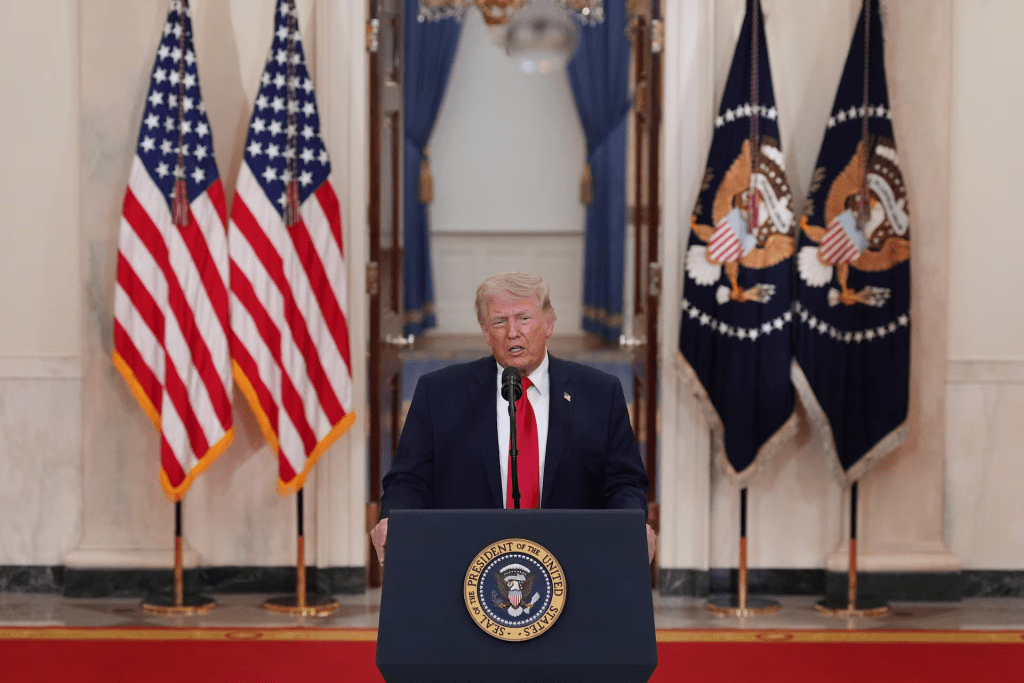U.S. President Donald Trump delivers an address to the nation about the Iran war at the White House in Washington, D.C., U.S. April 1, 2026. Alex Brandon/Pool via REUTERS